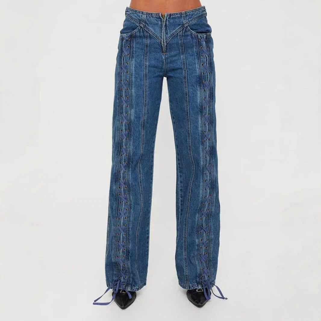 New Low Waist Hollow Lace-Up Wide-Leg Jeans for Women