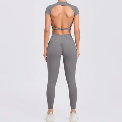 Cross Backless Sporty Set Women 2 Piece Sportswear Short Sleeve Training Suit for Fitness Yoga Wear Female Gym Workout Clothes